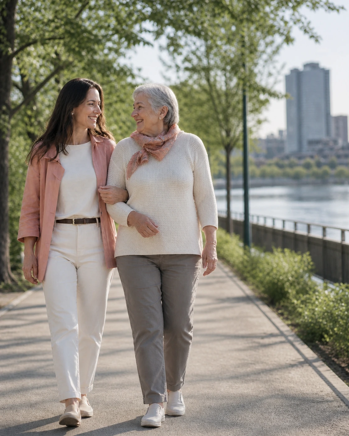 Une accompagnatrice marche aux côtés d’une dame près de l’eau à Gatineau.