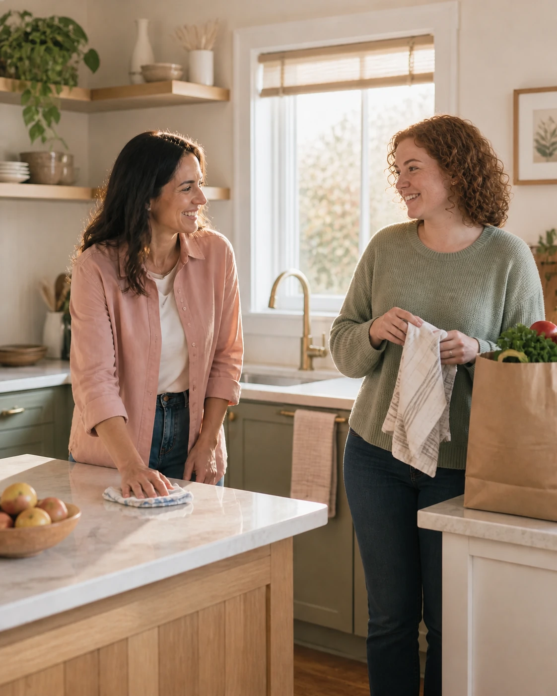 Une aide à domicile aide une adulte à entretenir sa cuisine pendant qu’elles discutent.